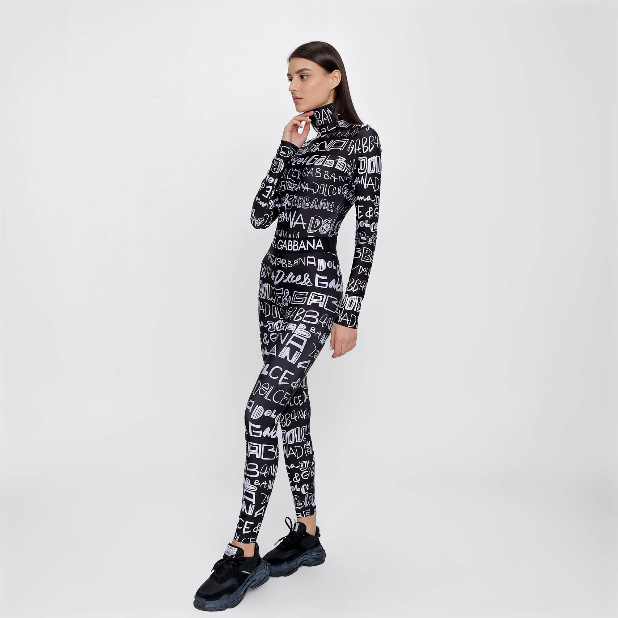 Dolce&Gabbana - Black & White Spandex Jersey DG Graffiti Print Bodysuit & Leggings Set